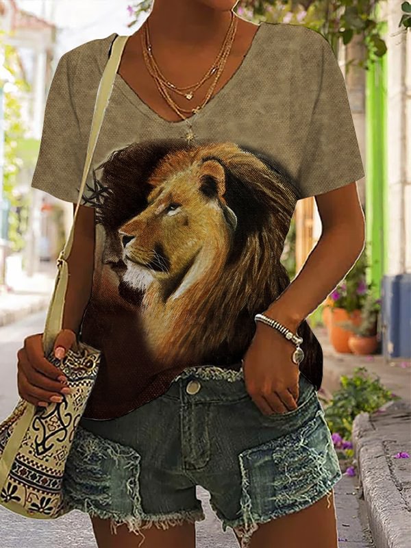 Lion of Judah Print V Neck T Shirt