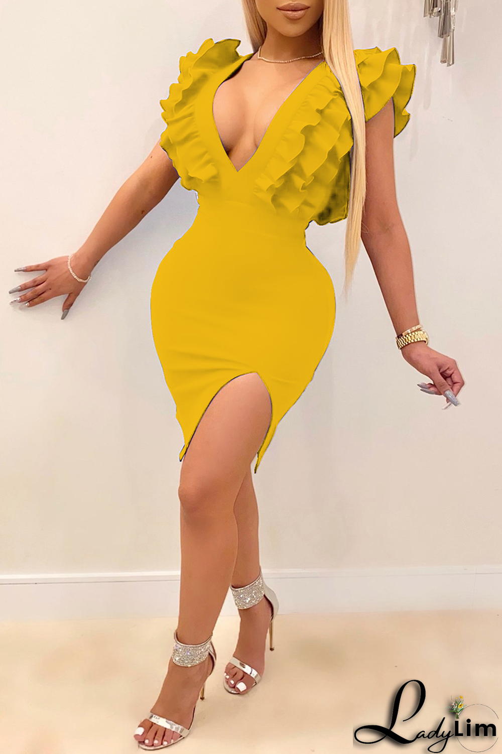 Blue Sexy Solid Flounce V Neck Pencil Skirt Dresses