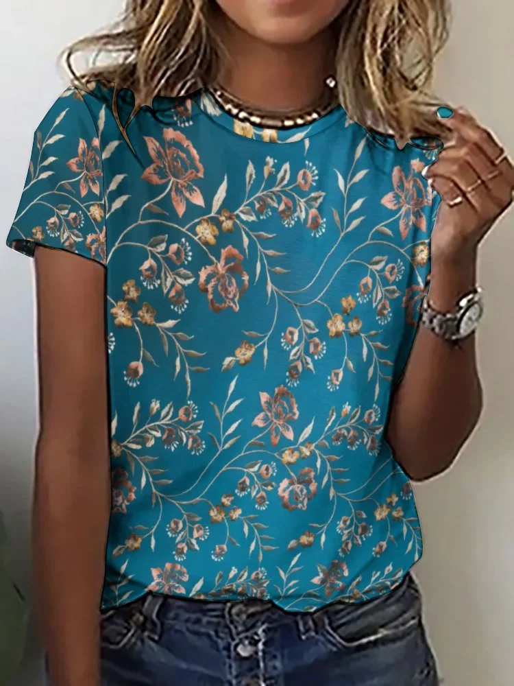 Style & Comfort for Mature Women Printed Short Sleeve Casual T-shirt for  Women and Men Unisex Pattern Blue, Floral, Gray