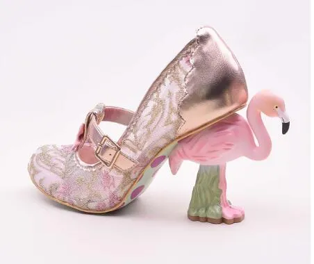 VCSHOES Women Pink Green Lace Sequins Embroidery Hollow Out Exquisite Painted Flamingo Heel Round Toe Strange Style Pumps Shoes