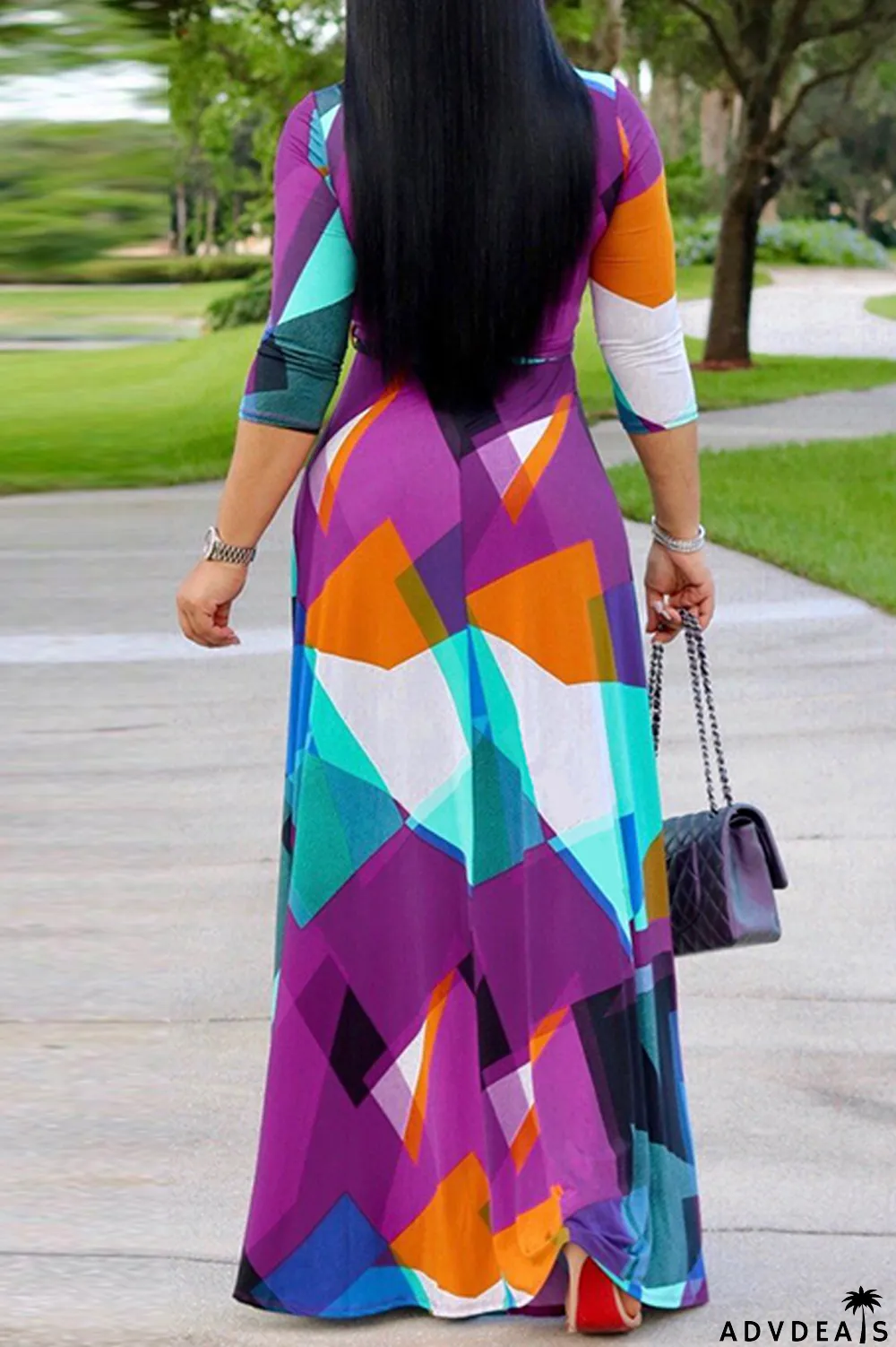 Multi-color Fashion Casual Print Bandage V Neck Long Sleeve Dresses