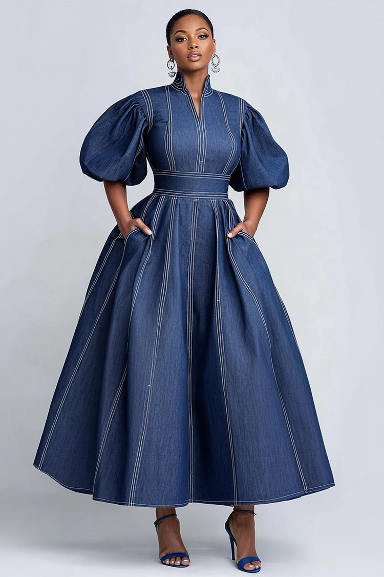 Xpluswear Design Plus Size Business Casual Blue Mock Neck Puff Sleeve Short Sleeve Pocket Elegant Tencel Denim Midi Dresses 2024 - Xpluswear