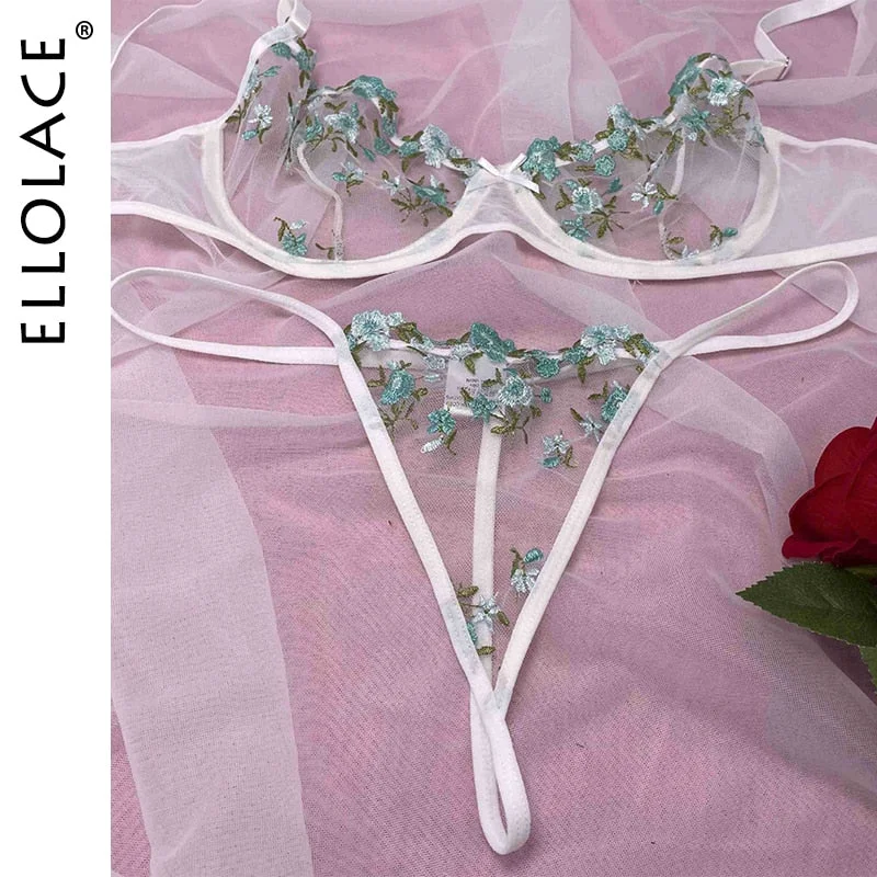 Ellolace Lingerie Sexy Women's Underwear Floral Embroidery Erotic Lingerie Set Lace Transparent Sexy Things Female Underwear Set