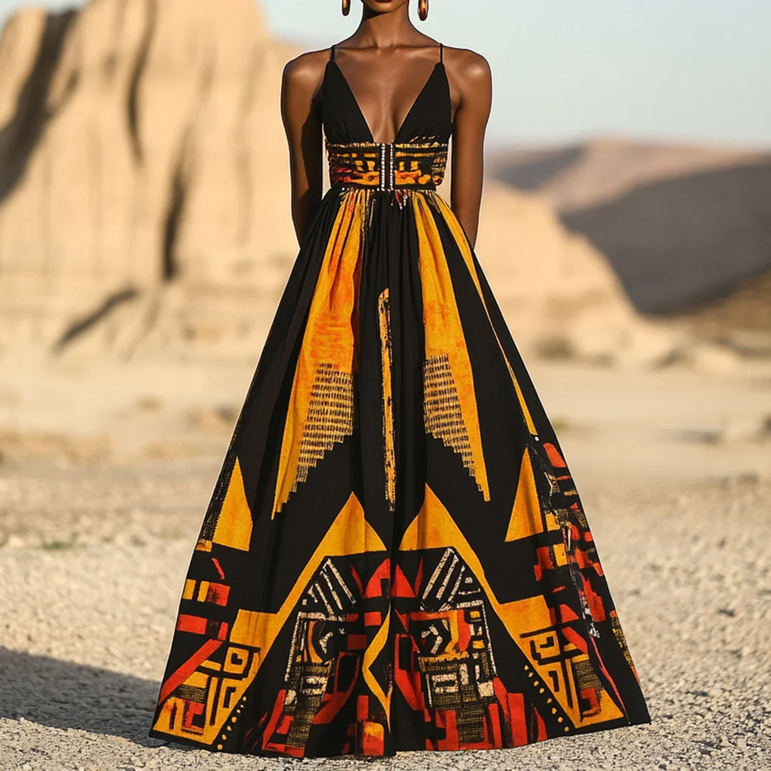 Women's Fashion African Kuba Geometric Pattern Suspender Maxi Dress