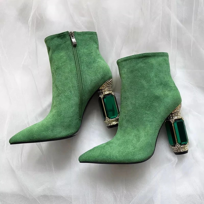 VCSHOES Green Black Suede Gem Crystal Square Heels Ankle Boots Woman Pointed Toe Zipper Royal Rhinestone Heels Booties Shoes