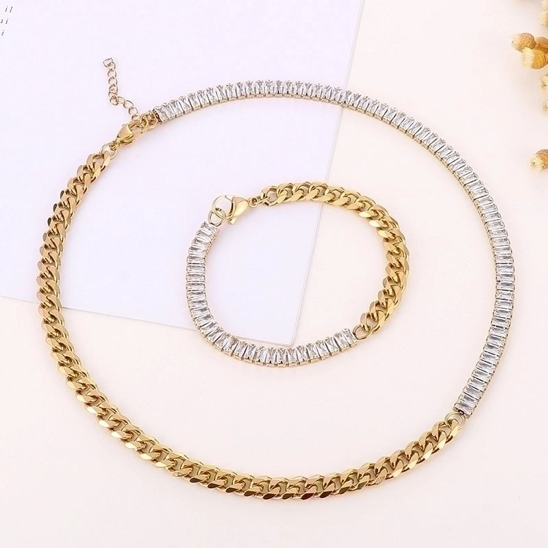 Fashion Geometric Titanium Steel Plating 18k Gold Plated Zircon Bracelets Necklace