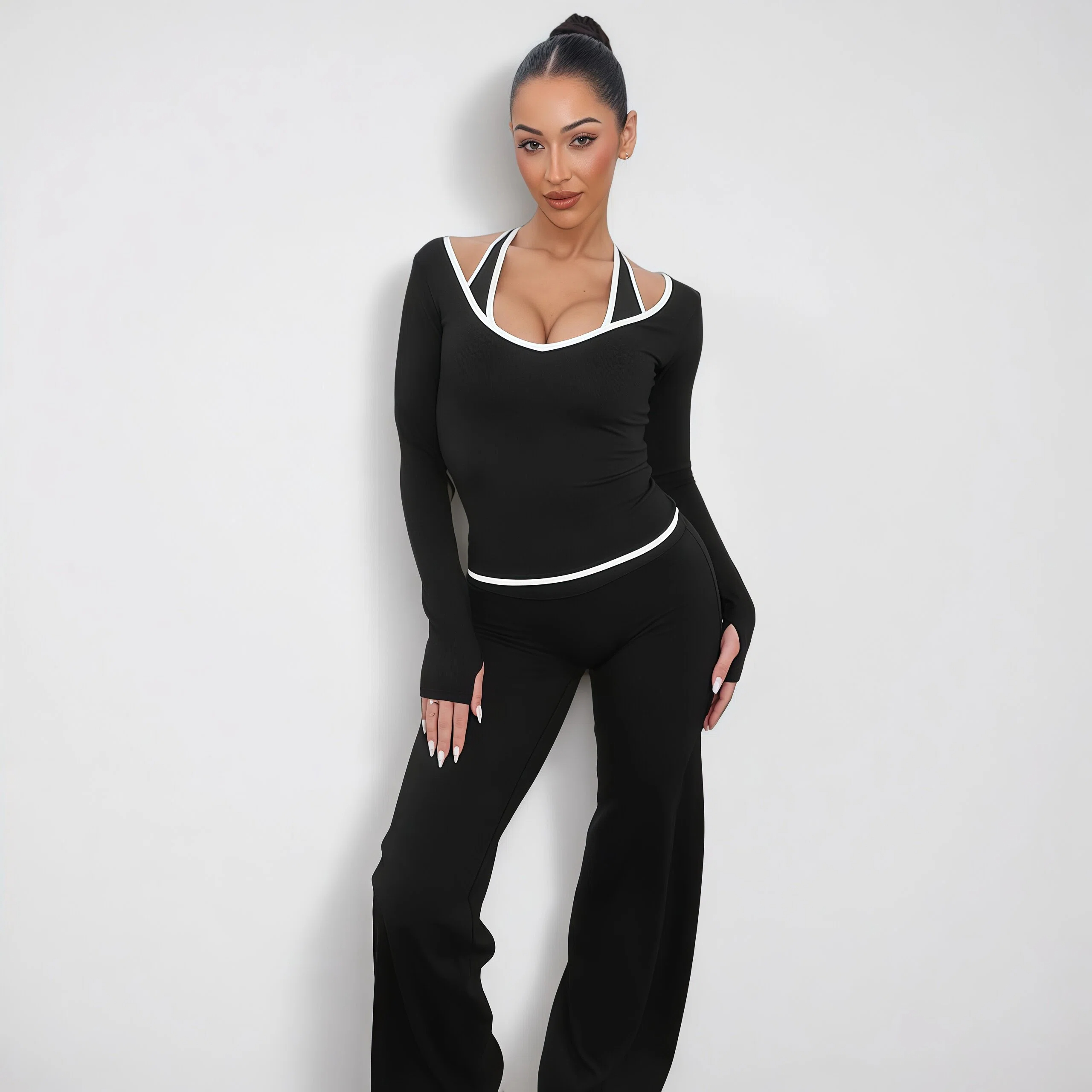 Contrast-Trim Long Sleeve Top and Wide-Leg Pant Set - HIGIANNA&reg;