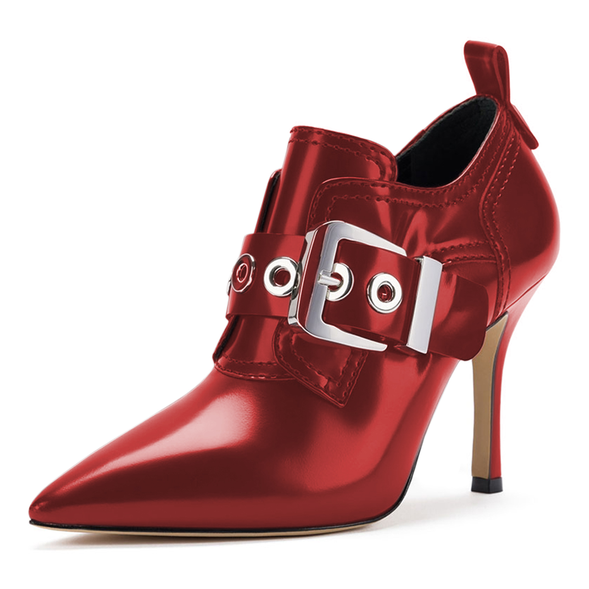 Red Metal Buckle Strap Stiletto Heel Ankle Boots with Pointed Toe Nicepairs