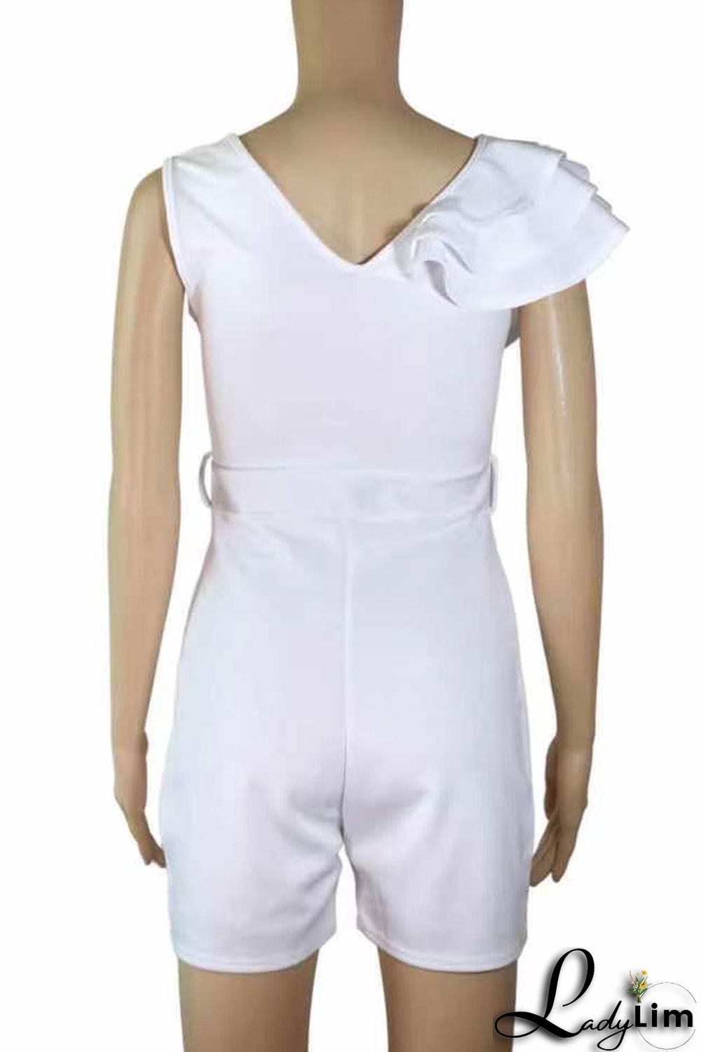 White Casual Solid Bandage Patchwork Flounce Oblique Collar Regular Jumpsuits