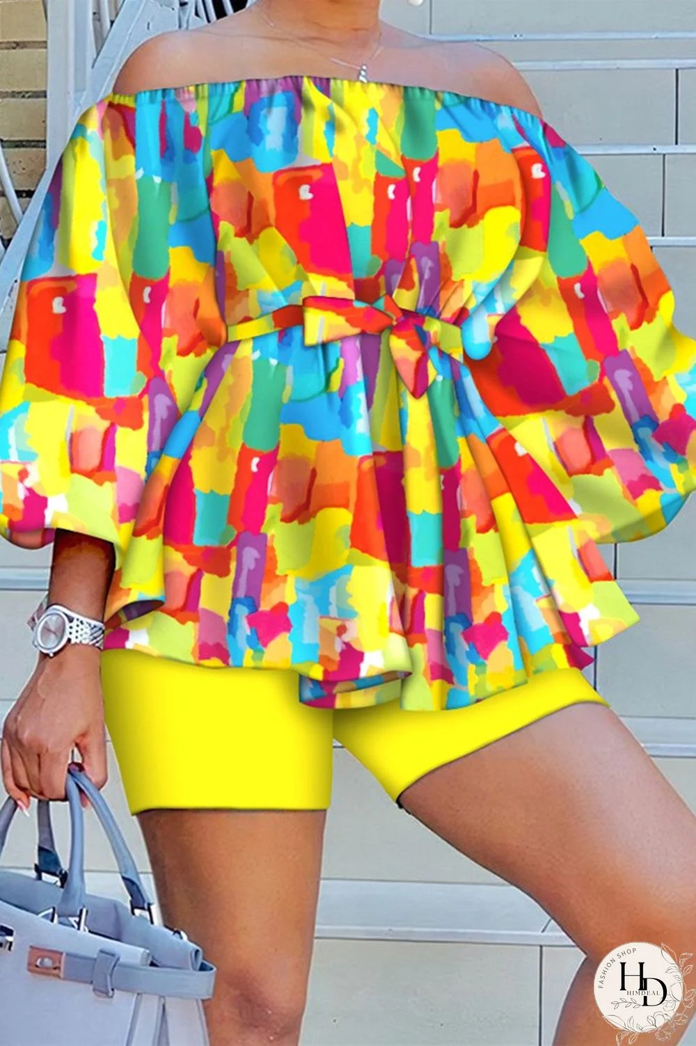 Yellow Casual Print Patchwork Off the Shoulder Long Sleeve Two Pieces