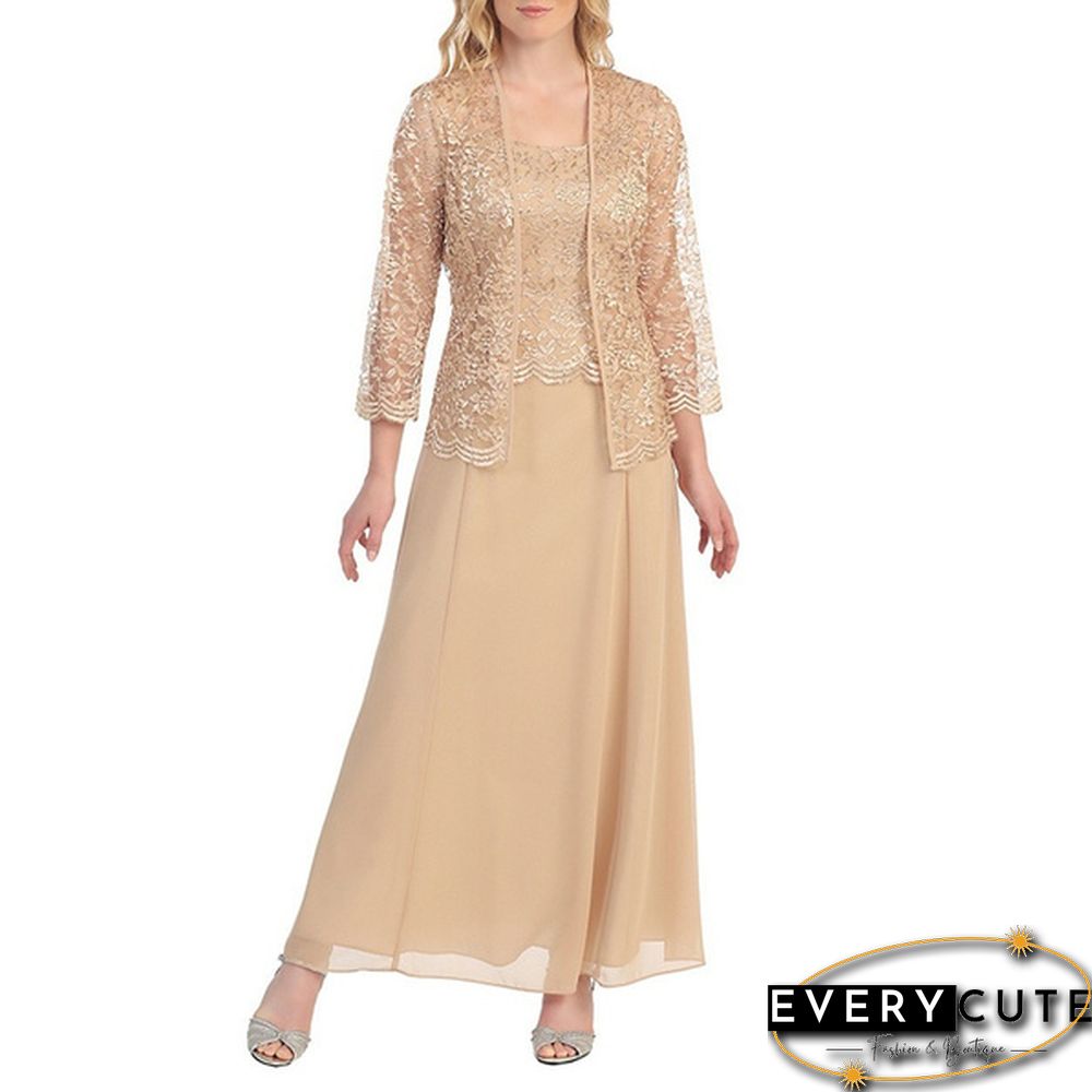 New Women lace cardigan and chiffon maxi skirt Two-piece Ladies Fashion Long Chiffon Dress Mother of Groom Dress with Lace Long Sleeve
