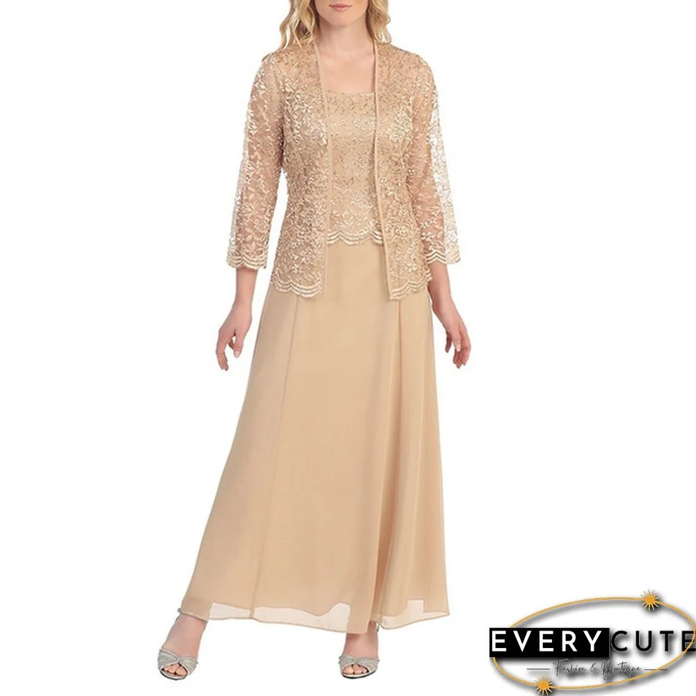 New Women lace cardigan and chiffon maxi skirt Two-piece Ladies Fashion Long Chiffon Dress Mother of Groom Dress with Lace Long Sleeve