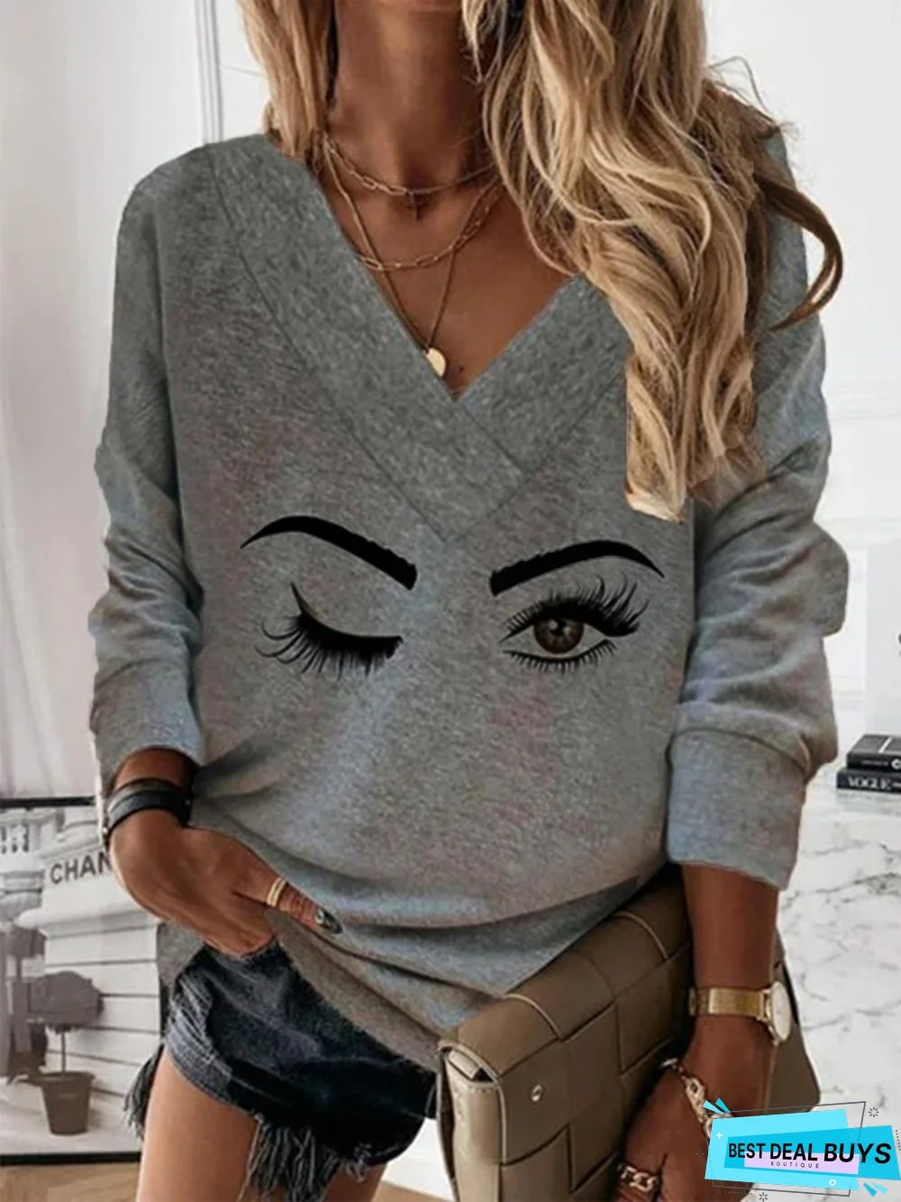 Vintage Statement Eyes Printed V Neck Long Sleeve Casual Tunic Sweatshirt