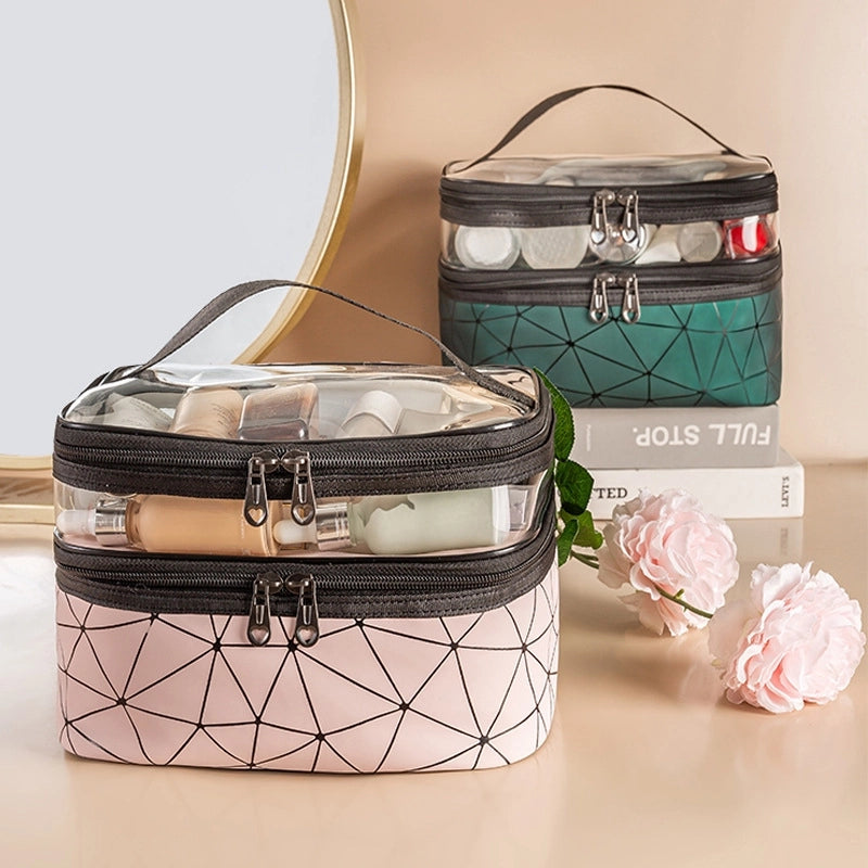 Gona New PU Cosmetic Bag Lingge Portable Cosmetic Storage Bag Travel Wash Bag PVC Double Layer Transparent Bag