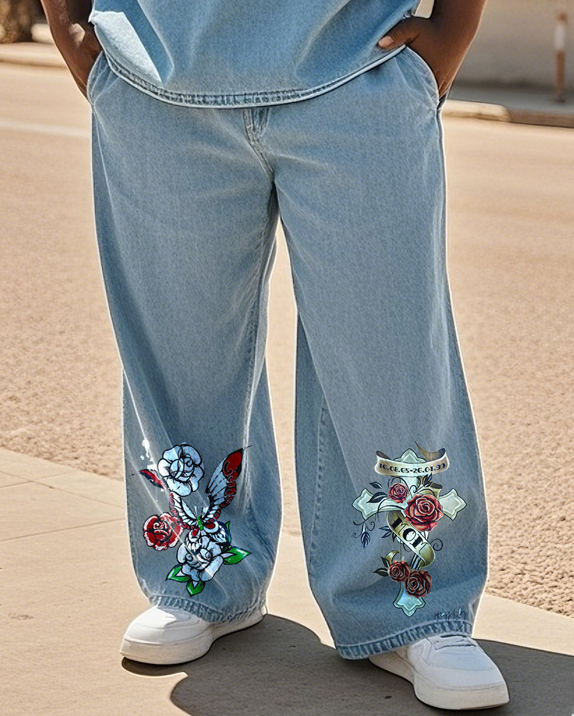 Big & Tall Men's Street Fashion Trend Personality Faith God Flower Denim Pants