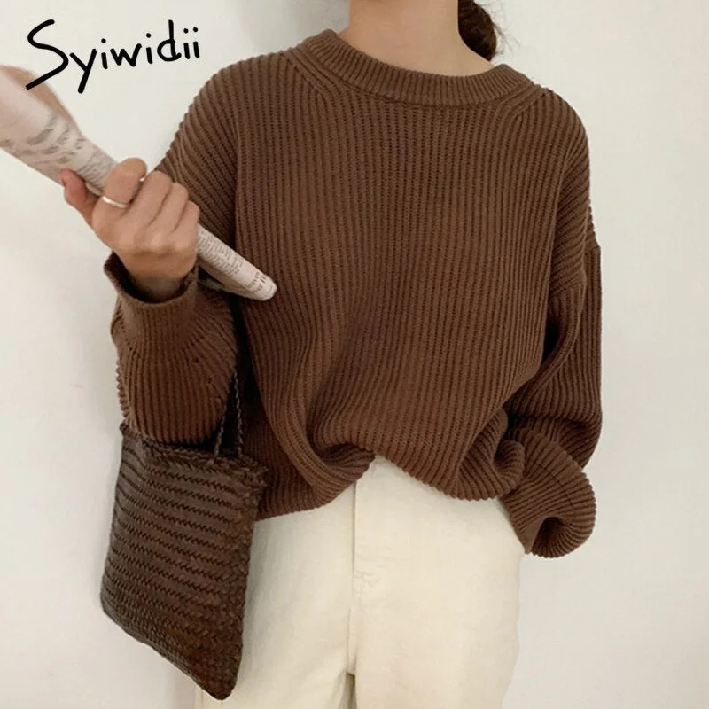 Syiwidii Vintage Purple Sweater Women Fall Winter 2021 Korean Fashion Harajuku Oversized Pullover Long Sleeve Brown Ladies Tops