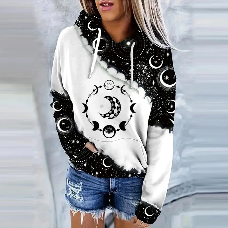 Spinkrin first day of school Moon Print Drawstring Hoodie Casual Long Sleeve Hooded Sweatshirt Women's Clothing Hoodies