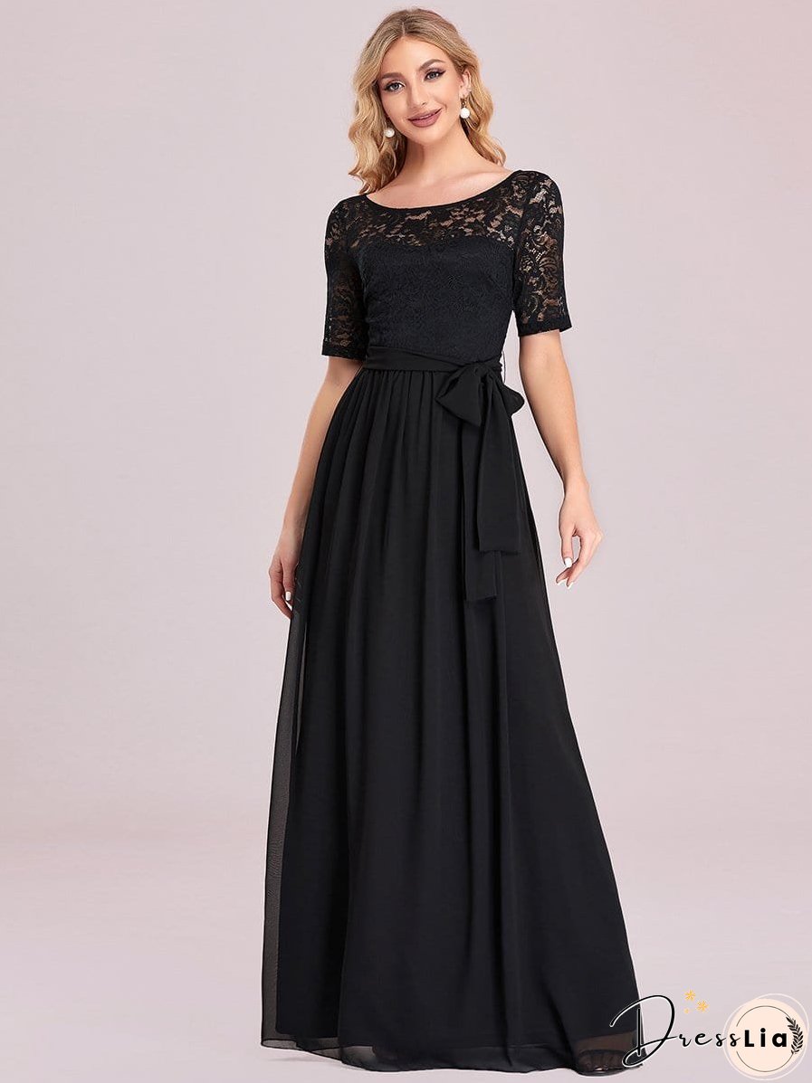 Sophisticated Lace Bodice Chiffon Maxi Evening Gown with Belt for Elegant Occasions