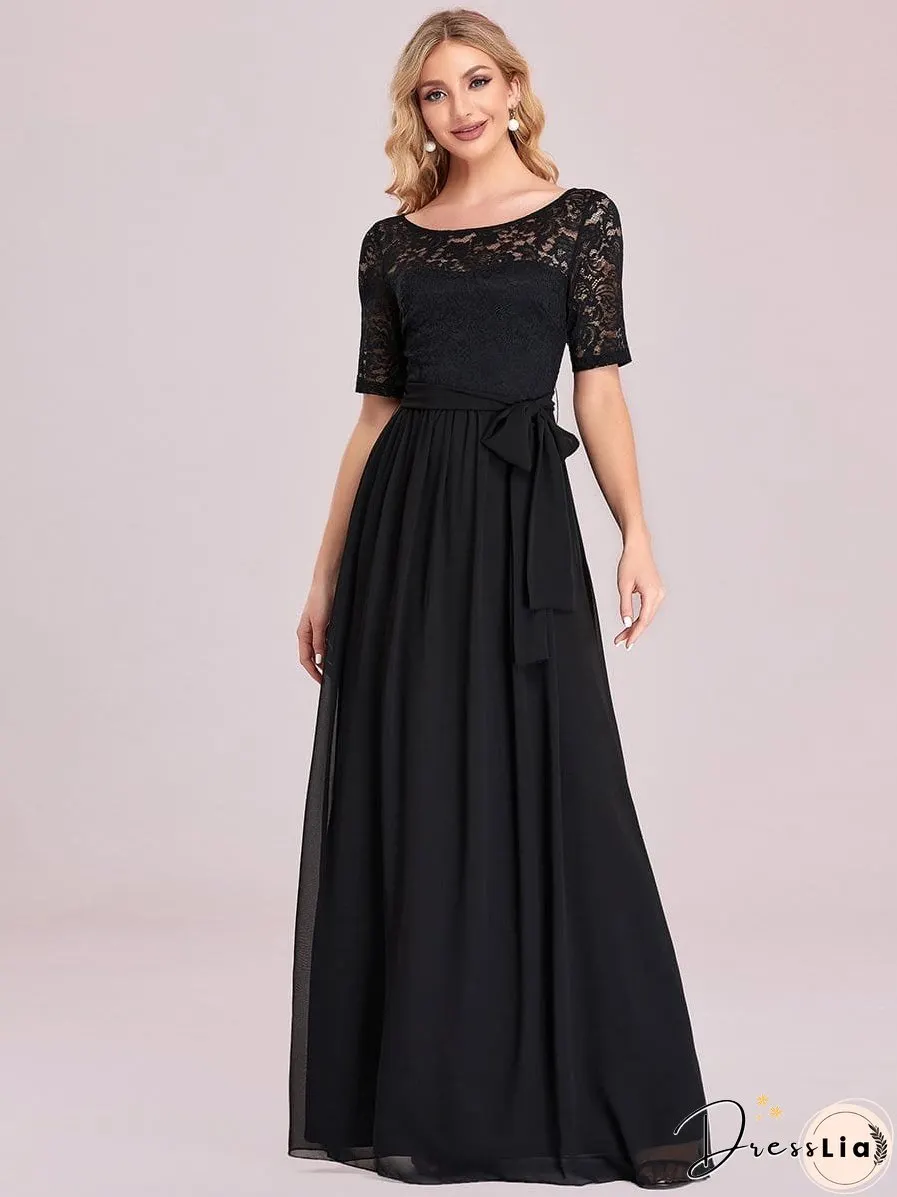 Sophisticated Lace Bodice Chiffon Maxi Evening Gown with Belt for Elegant Occasions
