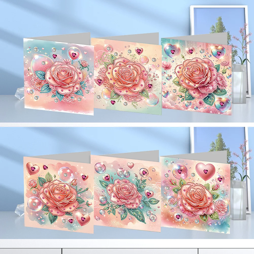 6Pcs Love Rose DIY Diamond Painting Greeting Card 5D Drill Painting Card Kit【With White Envelope】