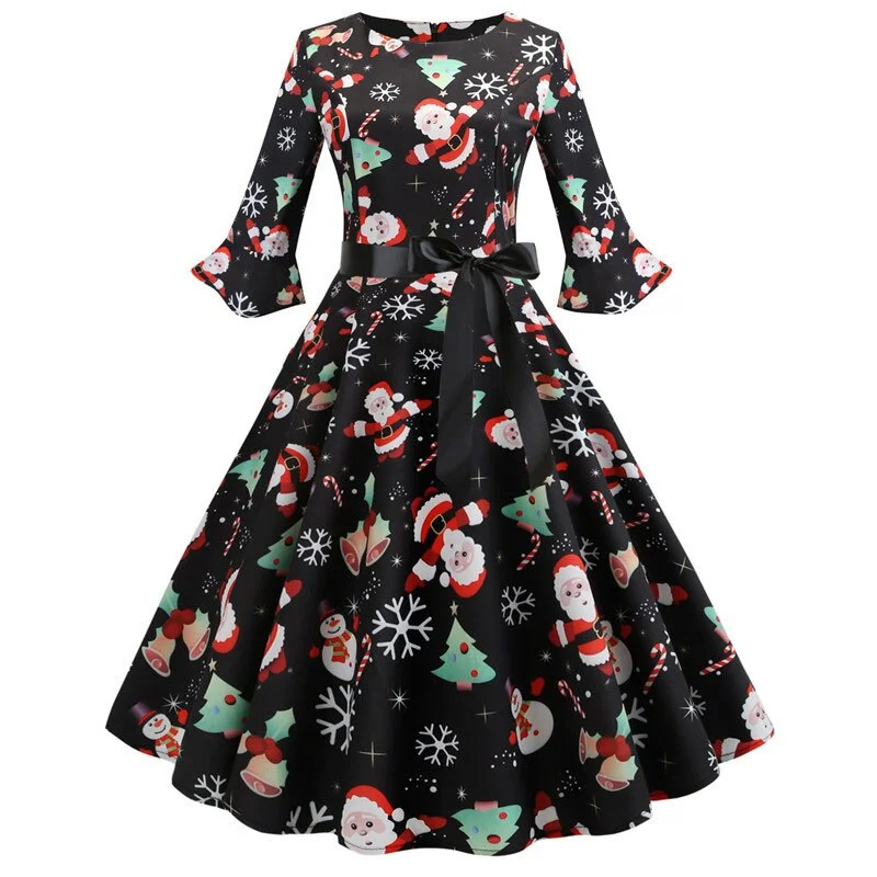 Floral Print Vintage Dress Christmas Dress Women Winter Elegant Party Dresses  Petal Sleeve Casual Midi Dress