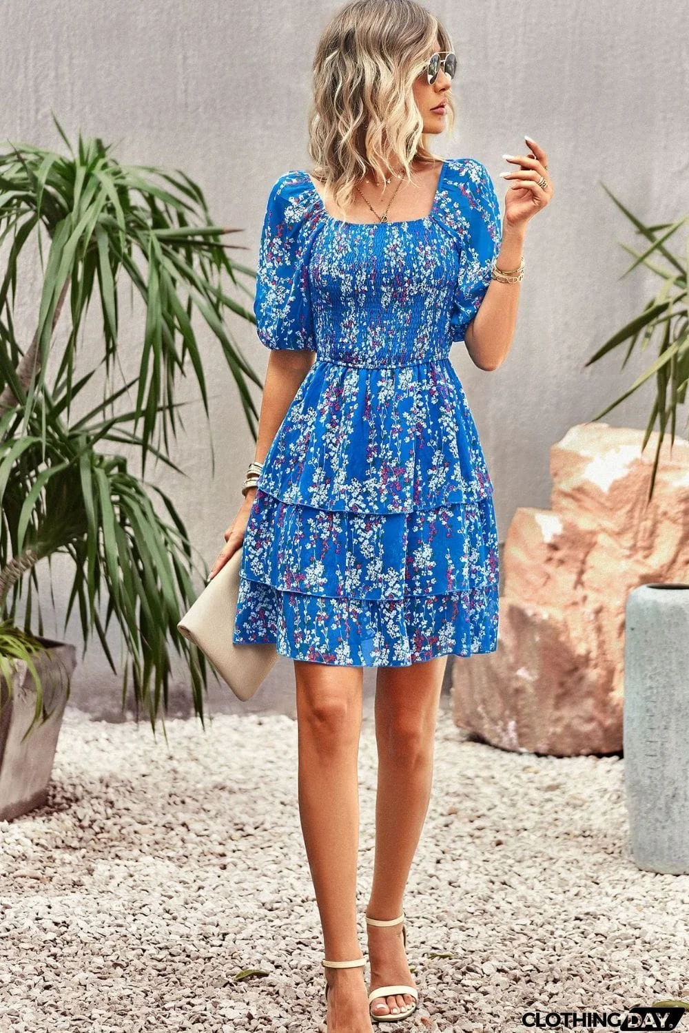 Smocked Square Neck Balloon Sleeve Mini Dress