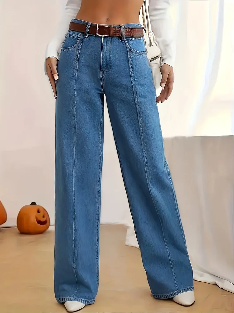 Women's Vintage-Inspired Straight-Leg Jeans - Mid-Rise Loose Fit With Asymmetrical Patchwork, Frayed Hem & Ykk Zipper Closure, Classic Blue Washed Denim, All-Season Casual Pants For Casual Attire, Everyday Jeans | Vintage Patchwork Jeans |