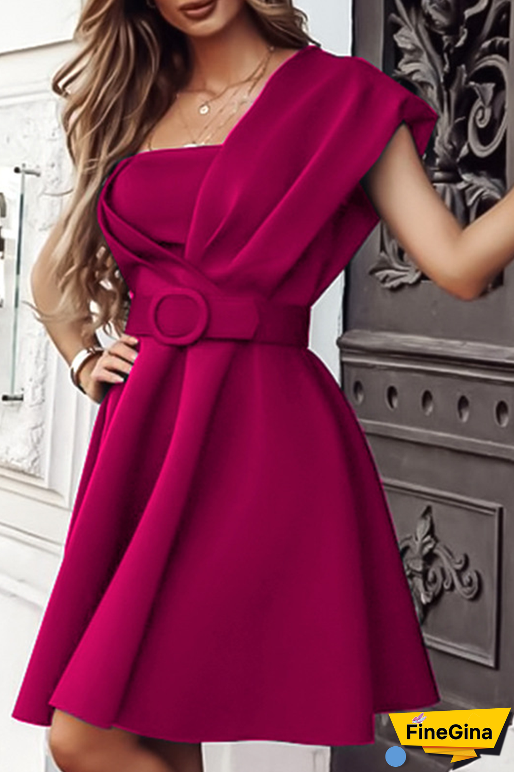 Party Solid Patchwork One Shoulder Waist Skirt Dresses