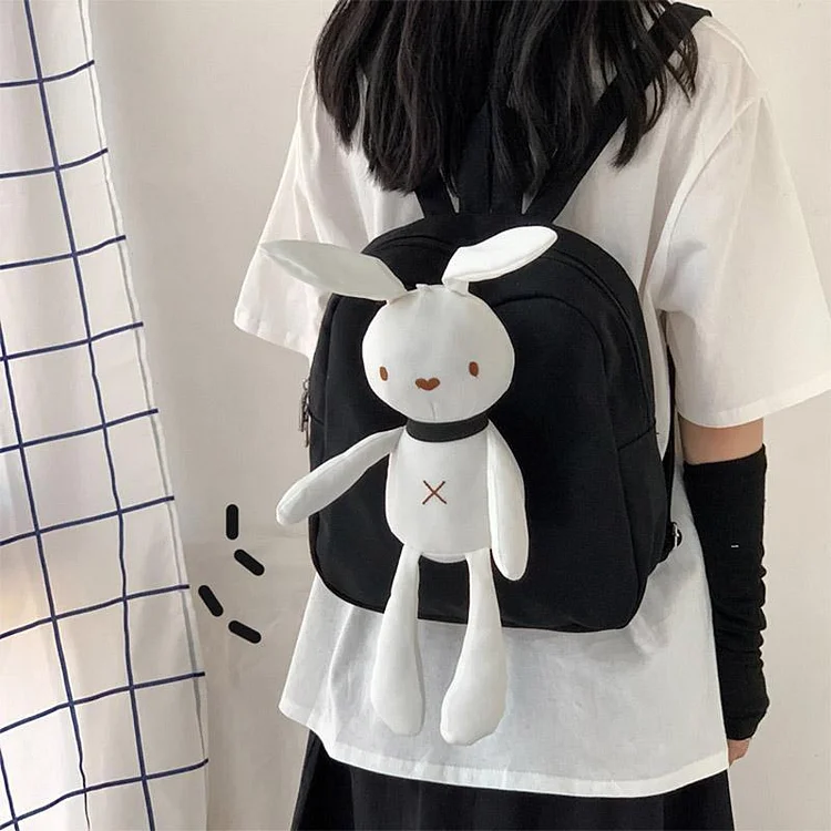 Kawaii Black White Canvas Bunny Backpack SP14495