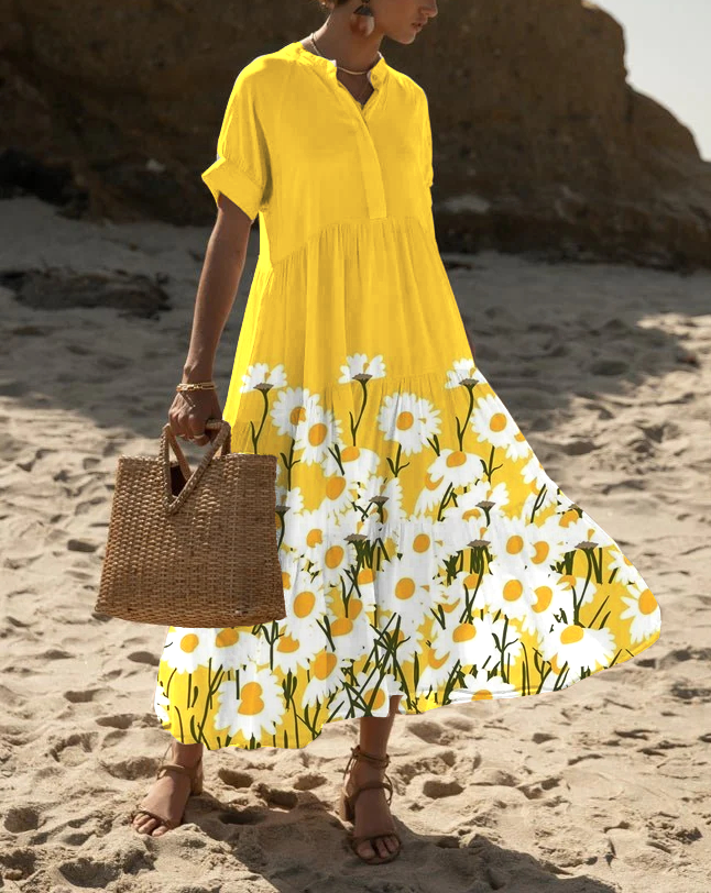 Women's Short Sleeve Yellow Daisy Print Resort Beach Loose Dress socialshop