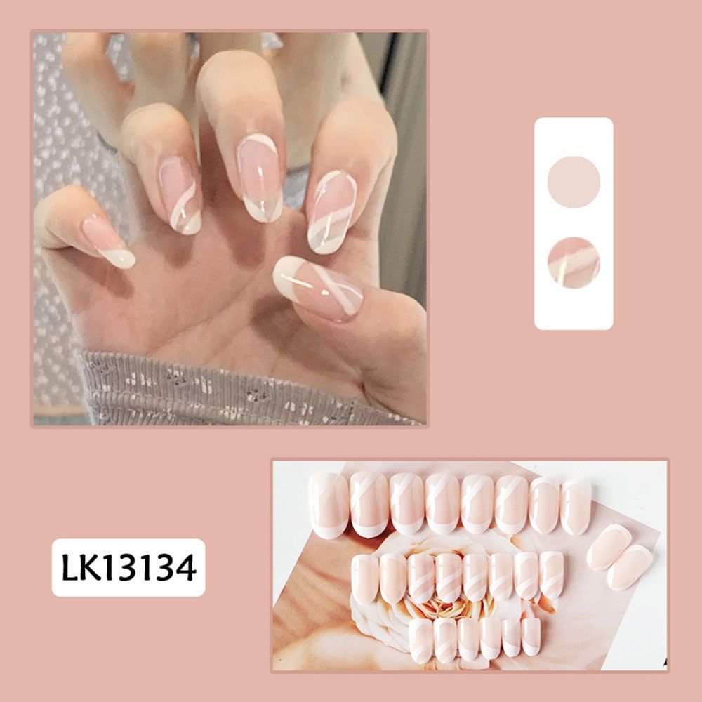 24pcs/Box Wearable Fake Nails Detachable White Minimalist line French Almond False Nails Full Cover Nail Tips Press On Nails