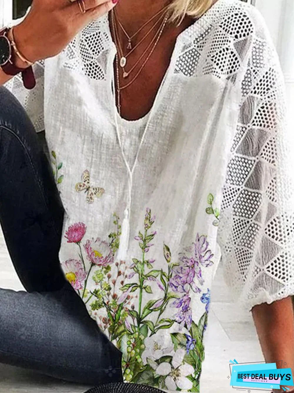 Floral-Print Casual V Neck 3/4 Sleeve T-shirt