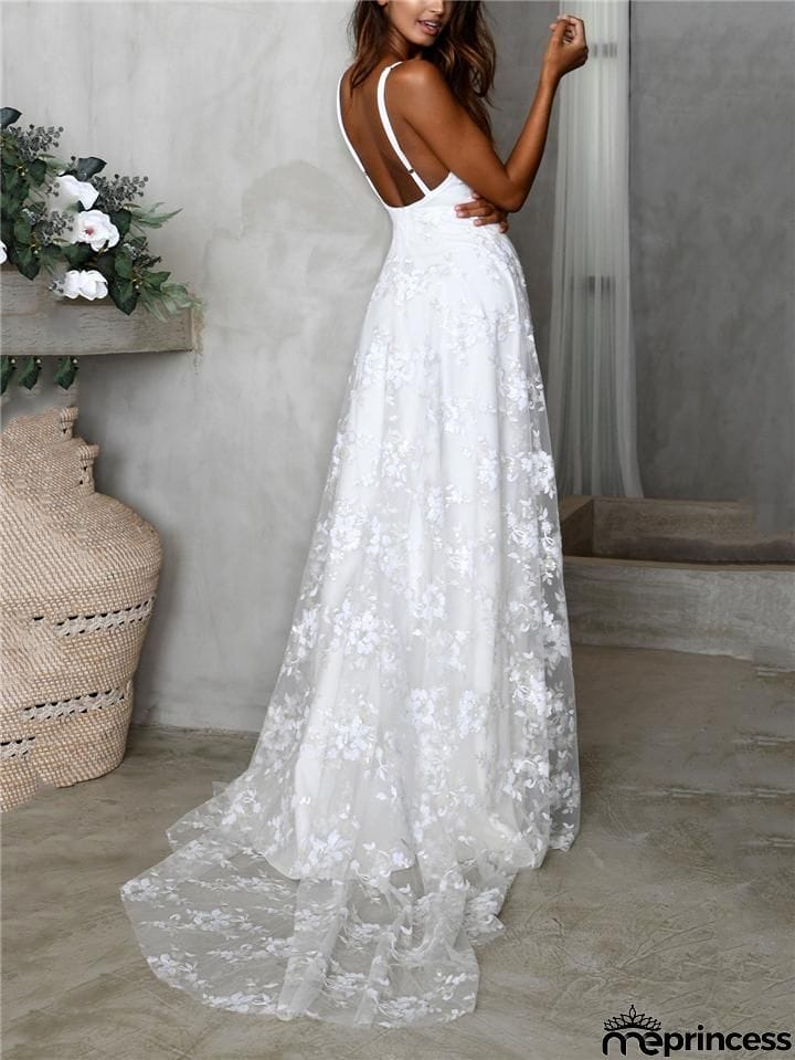 Spaghetti Strap Low V Neck Floral Lace High Slit Wedding Dress
