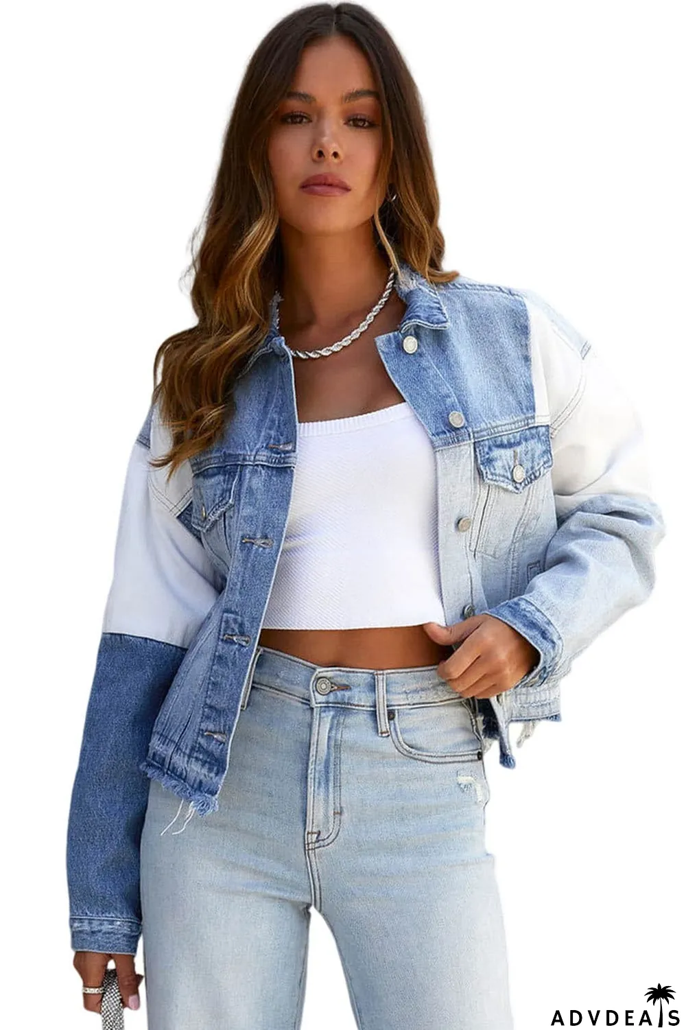 Sky Blue Color Block Denim Patchwork Frayed Hem Jacket