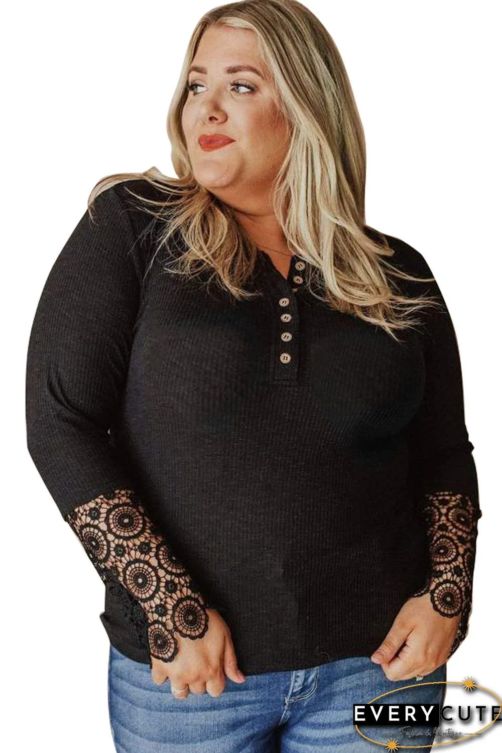 Black Lace Splicing Ribbed Long Sleeve Plus Size Top