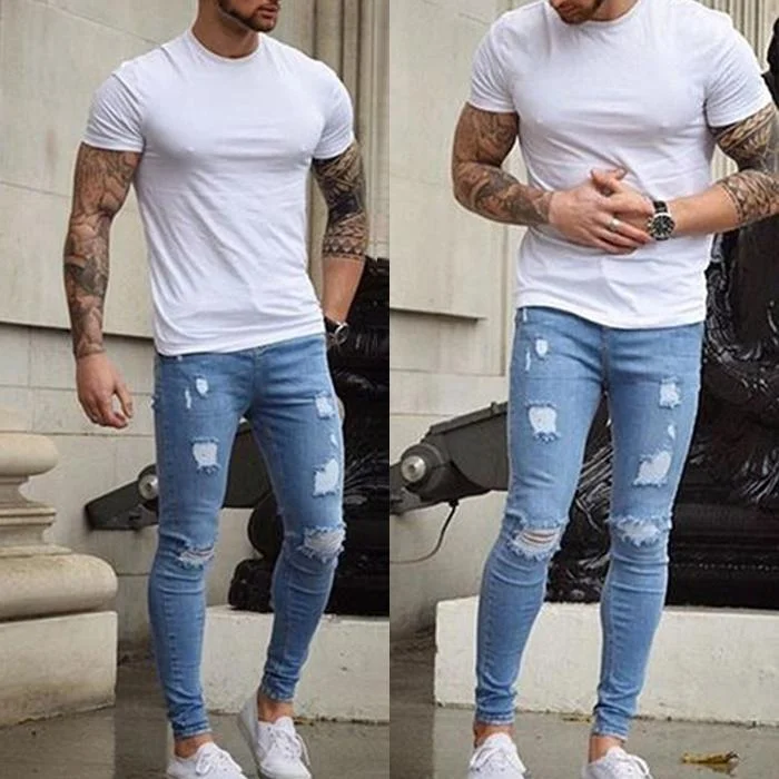 Pantaloni moderni pentru bărbați, model slim sfâșiat
