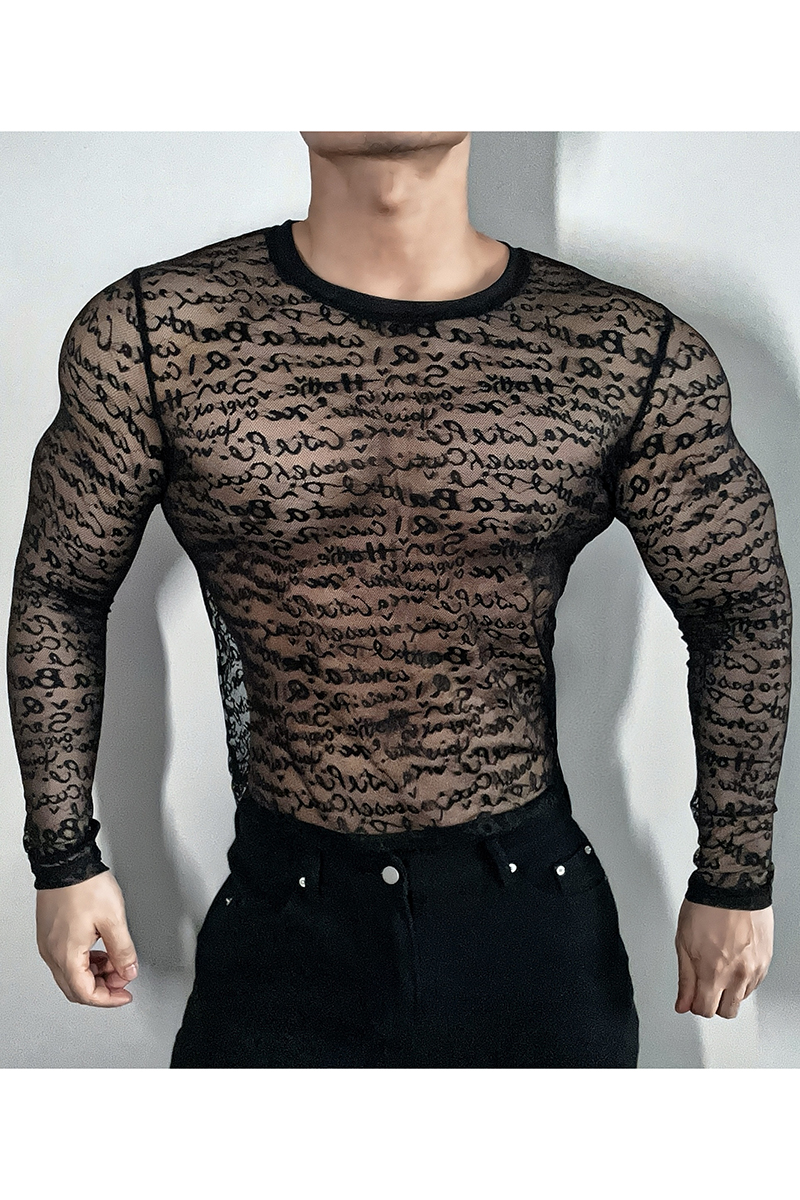 Men's Allover Letter Print Mesh See Through Slim Fit Top