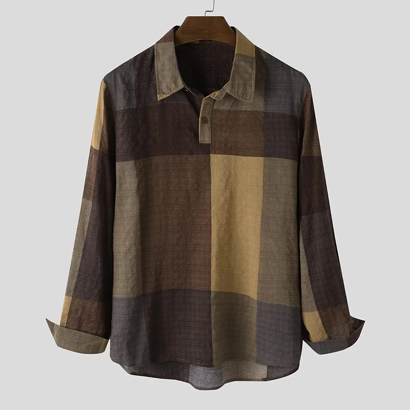 Toloer Mens Vintage Plaid Shirts Long Sleeve Lapel Camisa Leisure V Neck Grid Chemise Breathable Blusas Mens Shirt INCERUN Plus Size 7
