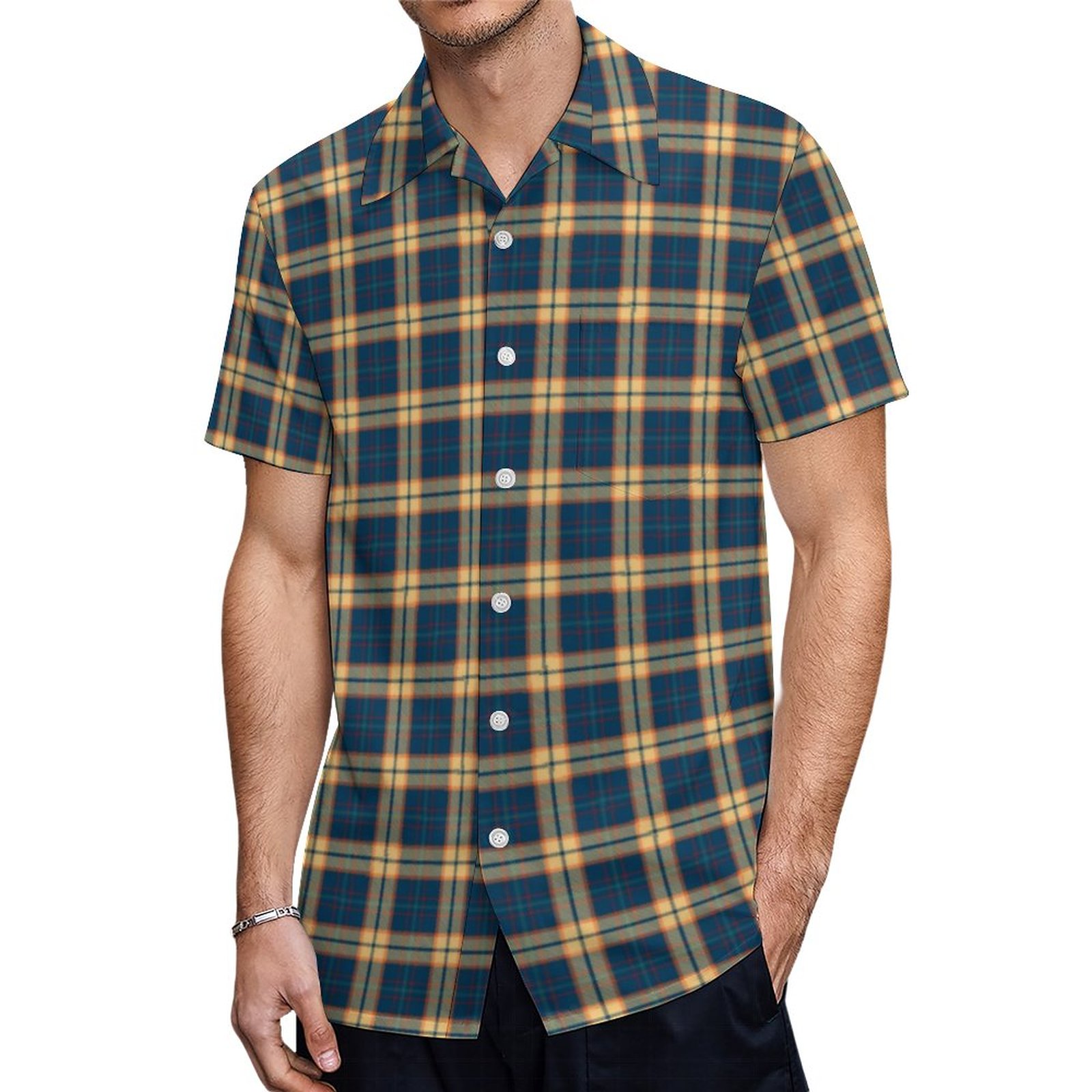 Navy Blue Yellow Madras Plaid Hawaiian Shirt Mens Button Down Plus Size Tropical Hawaii Beach Shirts