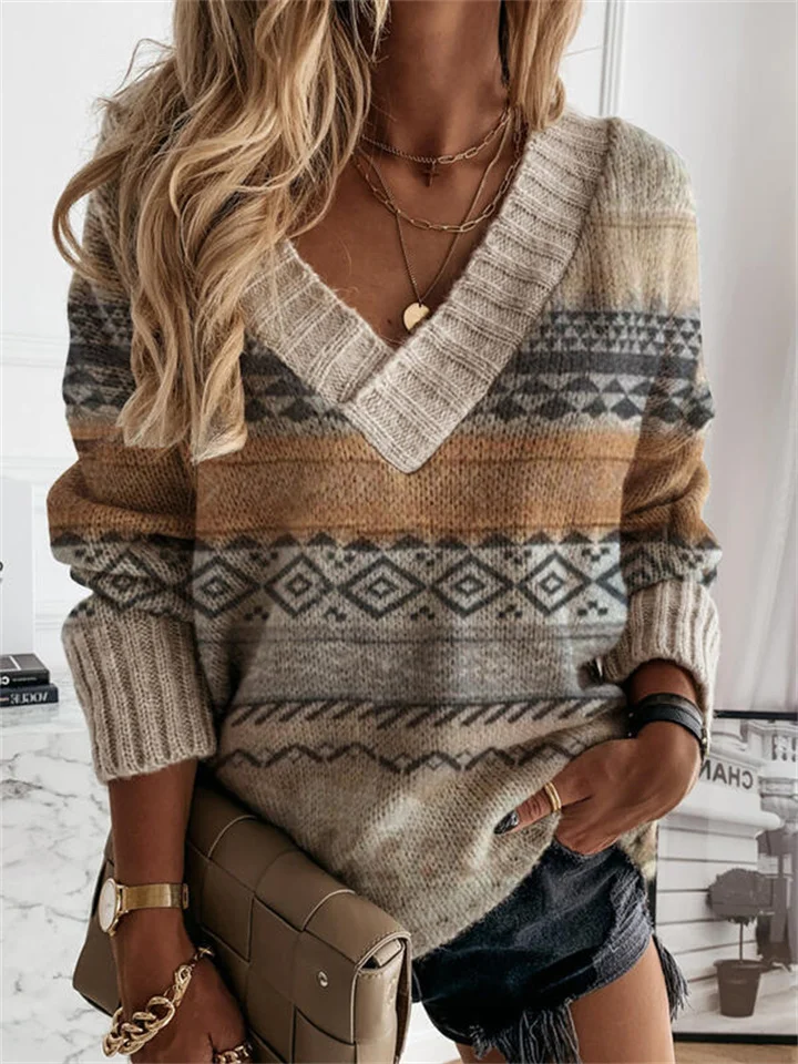 Women's Sweater Pullover Jumper Knitted Geometric Argyle Stylish Vintage Style Basic Long Sleeve Loose Sweater Cardigans V Neck Fall Winter Brown / Holiday / Going out-Mixcun