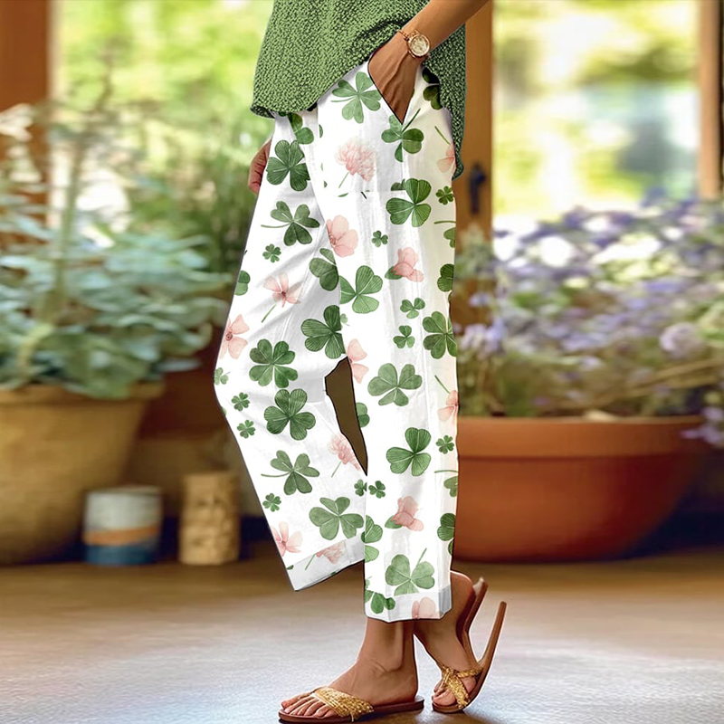 Women's Shamrock Flower St. Patrick's Day Print Casual Pants wearshes