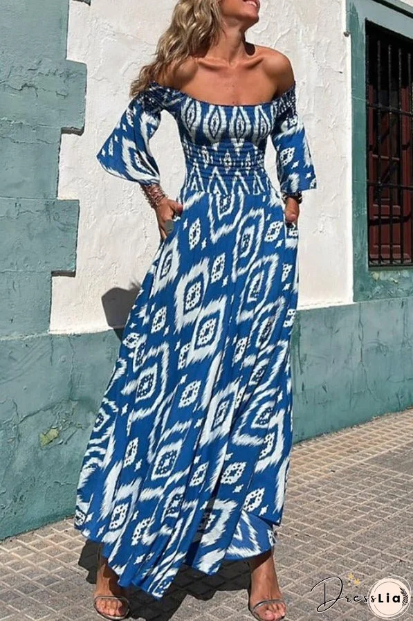 Close To The Vacation Ethnic Print Smocked Off Shoulder Pocketed Maxi Dress