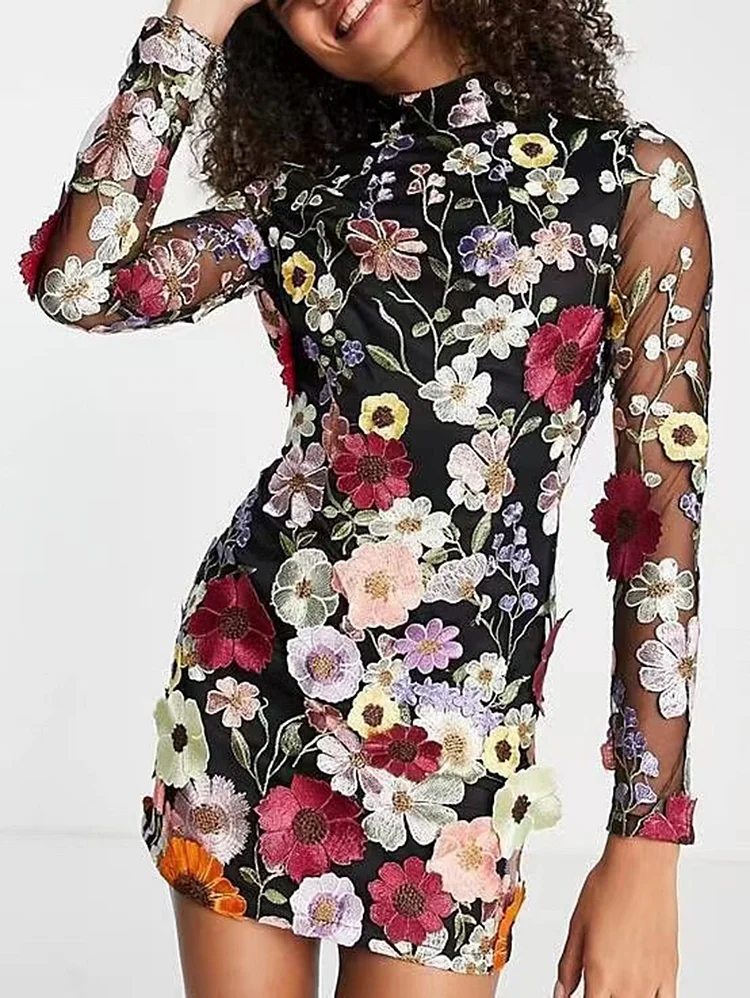 Fashion Mock Neck Long Sleeve Colorblock Embroidery Mini Dress