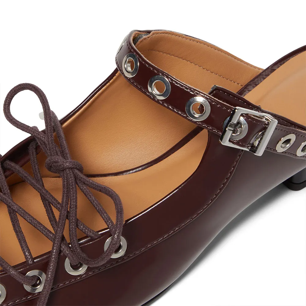 Women's Maroon Lace-Up Buckled Pointed Toe Casual Heeled Mules