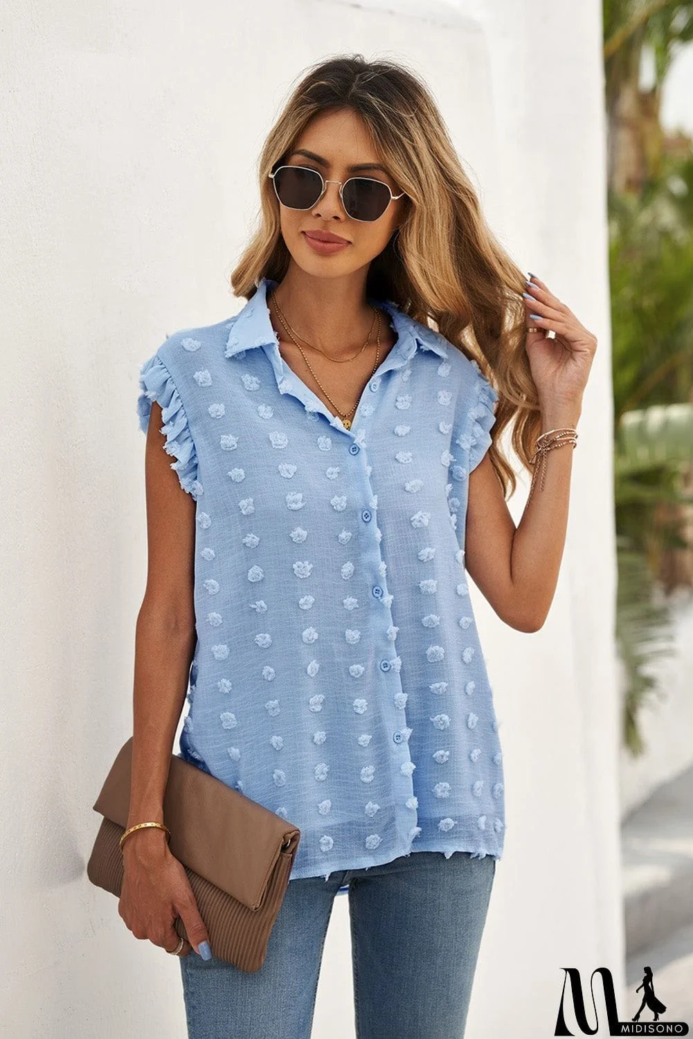 MidiSono - Turn-down Collar Ruffle Polka Dot Tank