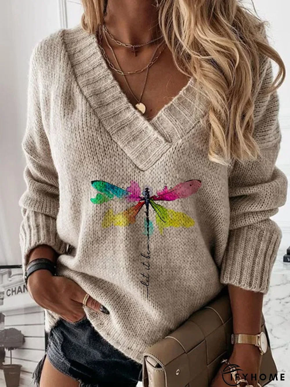 Dragonfly Long Sleeve V Neck Casual Tunic Sweater Knit Jumper | IFYHOME