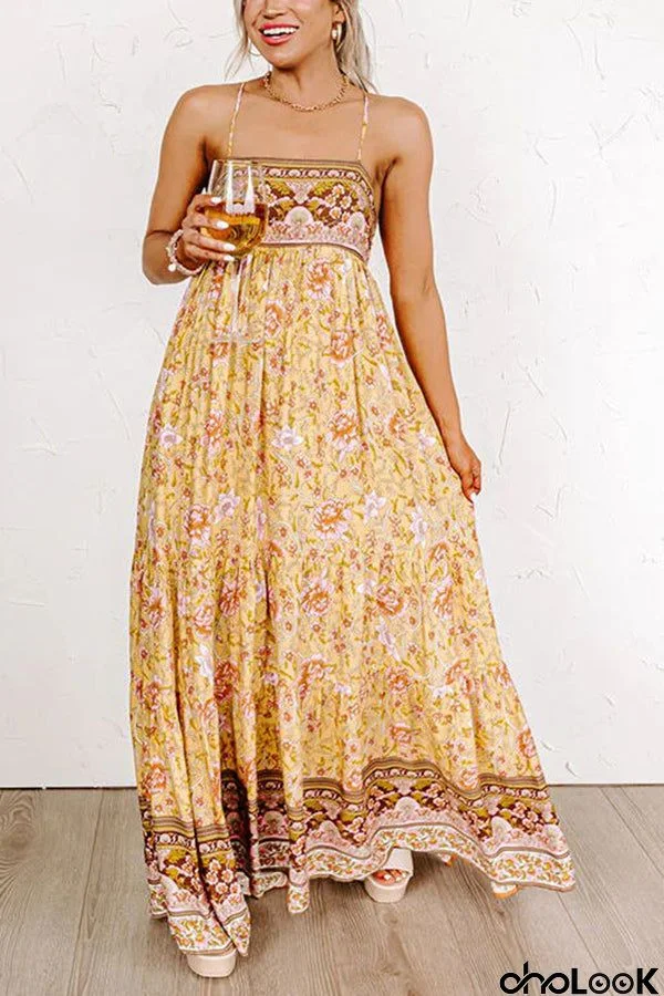 Sunny Day Darling Boho Printed Back Adjustable Tie Maxi Dress