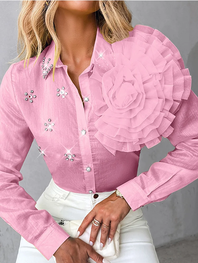 Fashion Rhinestone 3D Floral Turndown Collar Long Sleeve Button Blouse