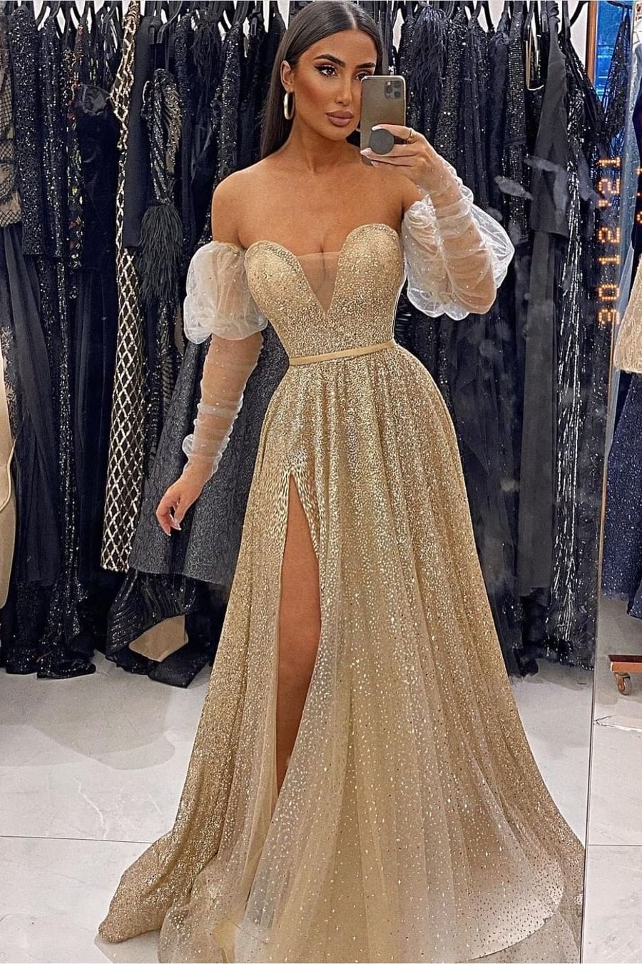 Champagne V-Neck Sequins Evening Front Split Prom Dress With Long Sleeves ED0036