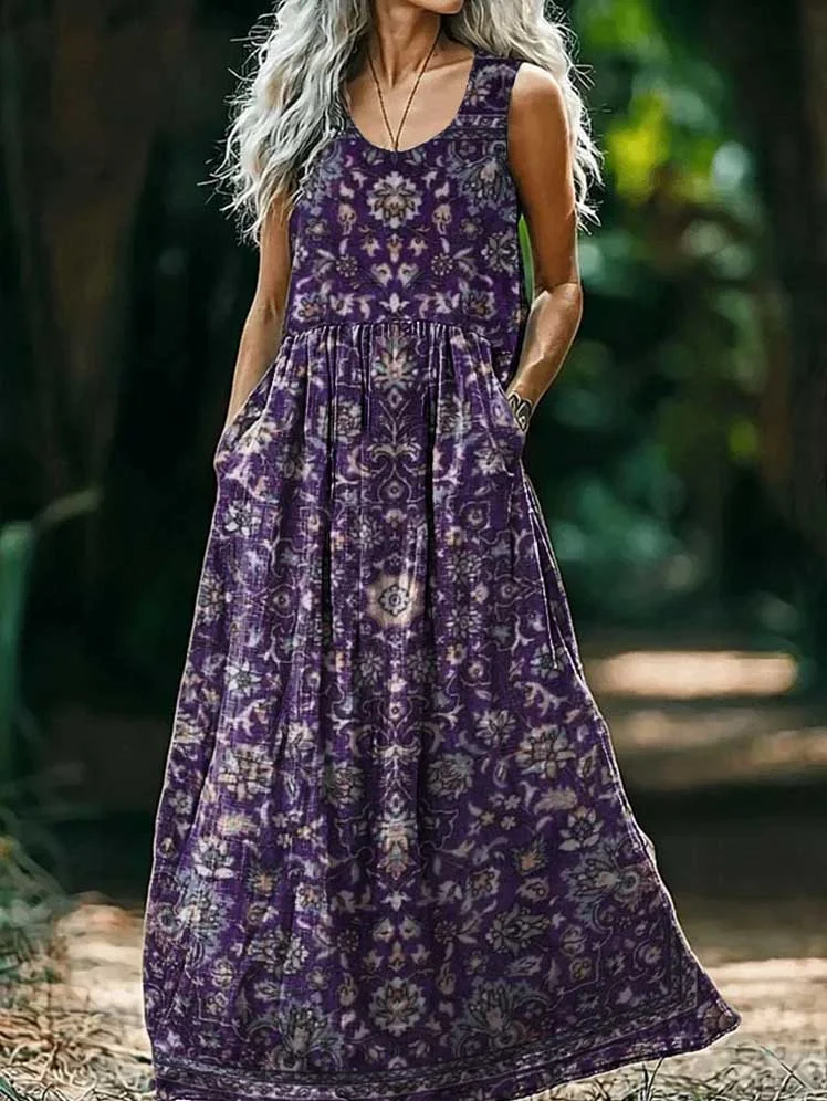 Women's Ethnic Totem Art Print Crew Neck Sleeveless Cotton Pocket Dress